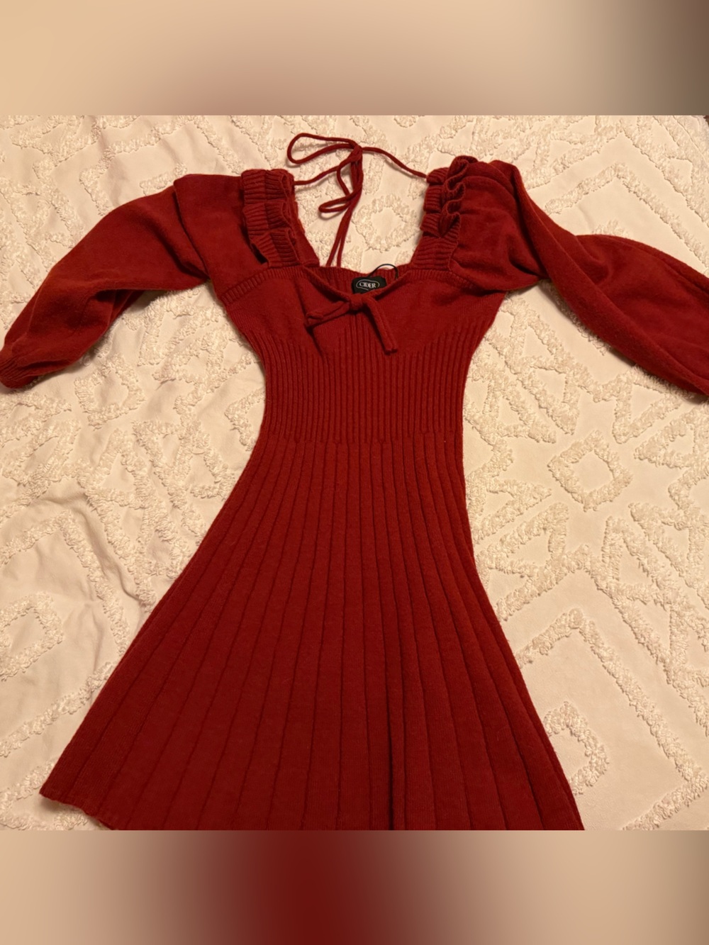 Cider Red Ribbed Off-Shoulder Fit-and-Flare Sweater Dress
